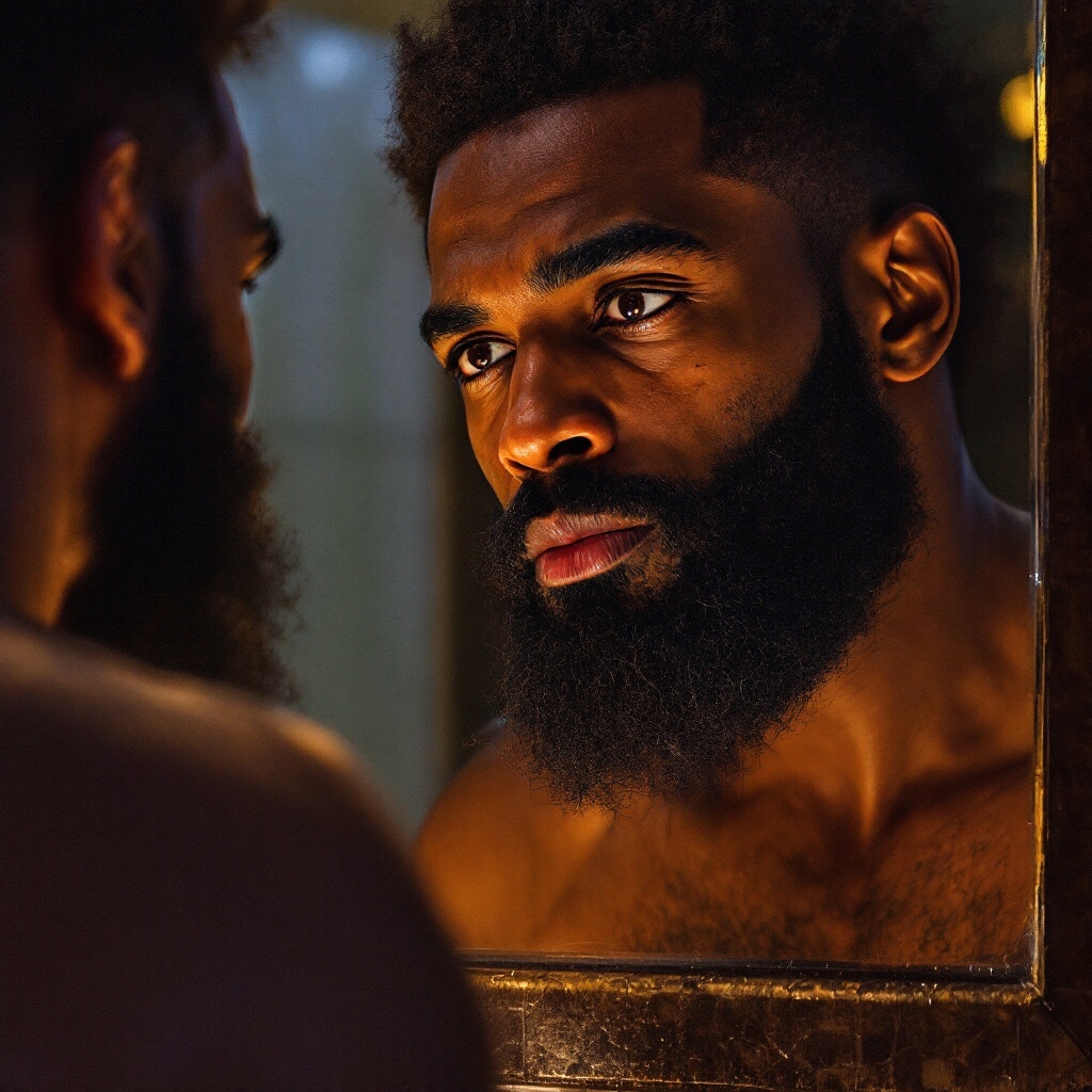 Man with a beard looking at his reflection in a mirror.